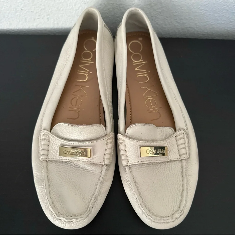 Calvin Klein Leta Cream Leather Flats Loafers Moccasin